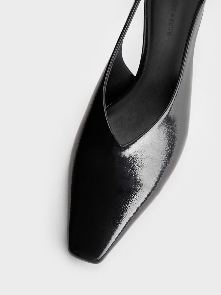 Patent Tapered Square-Toe Slingback Kitten Heels, Black Patent, hi-res