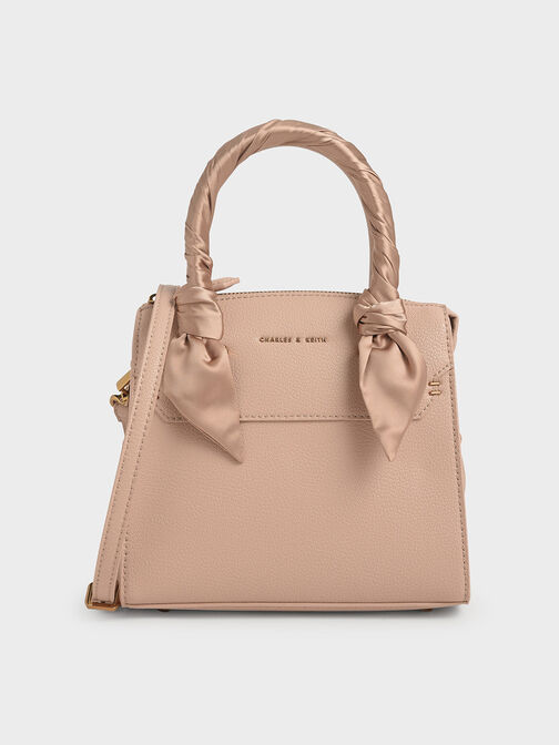 Satin Scarf Top Handle Bag, Nude, hi-res