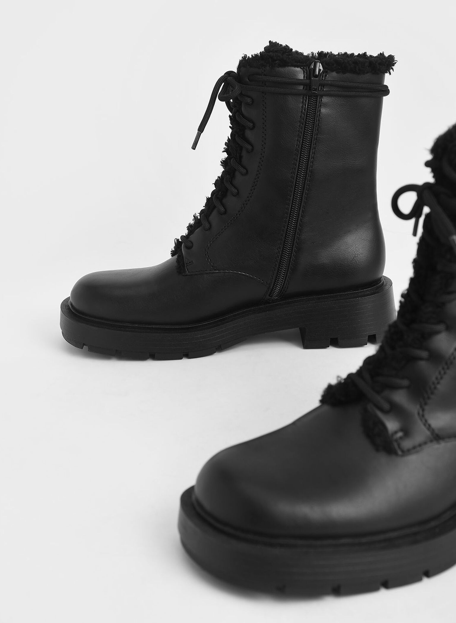 Fur-Trim Lace-Up Ankle Boots, Black, hi-res