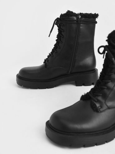Fur-Trim Lace-Up Ankle Boots, Black, hi-res