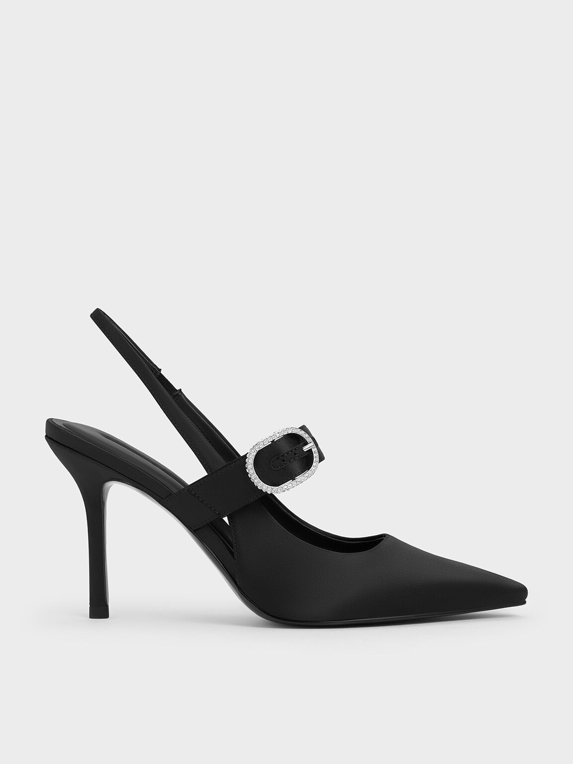 Black Textured Satin Crystal Embellished Slingback Mary Jane Pumps CHARLES KEITH UK