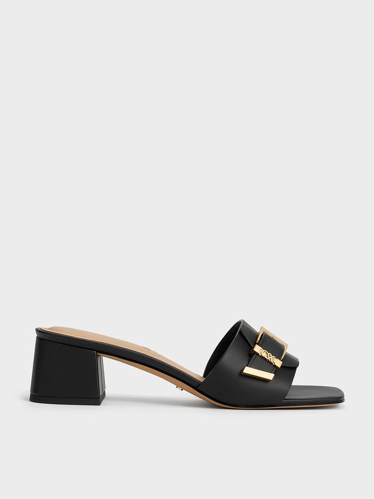 Whitney Leather Buckled Block-Heel Mules, Black, hi-res