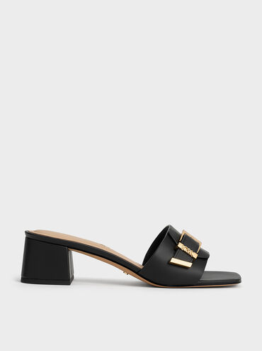Whitney Leather Buckled Block-Heel Mules, Black, hi-res