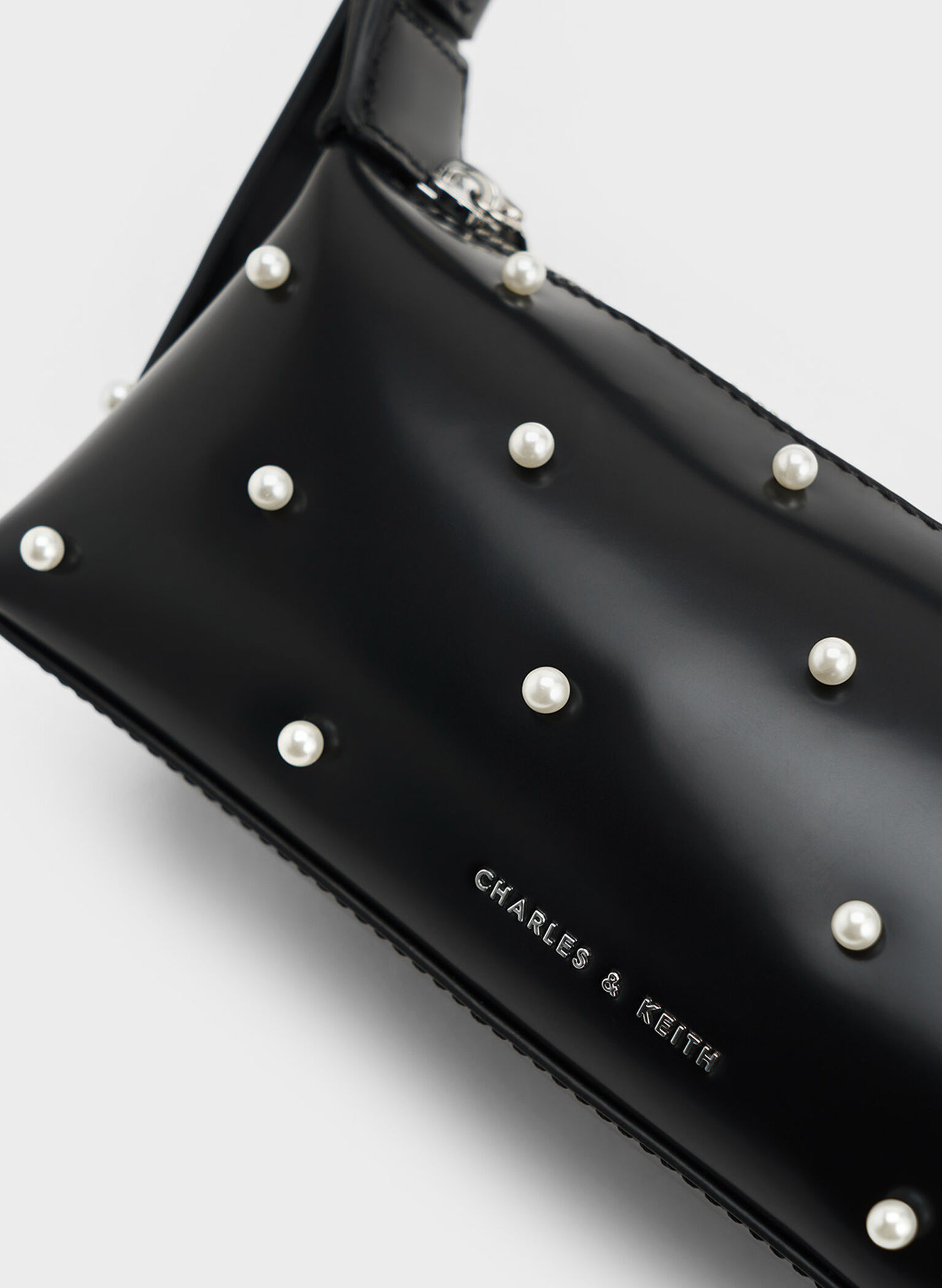 Pearl-Embellished Leather Top Handle Bag, Black, hi-res