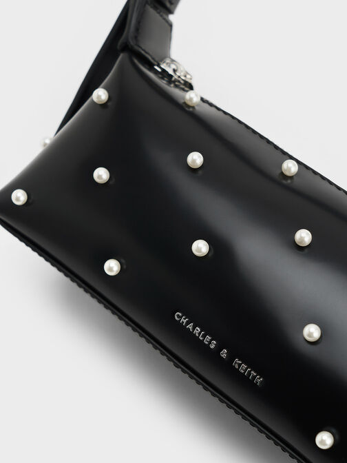Pearl-Embellished Leather Top Handle Bag, Black, hi-res