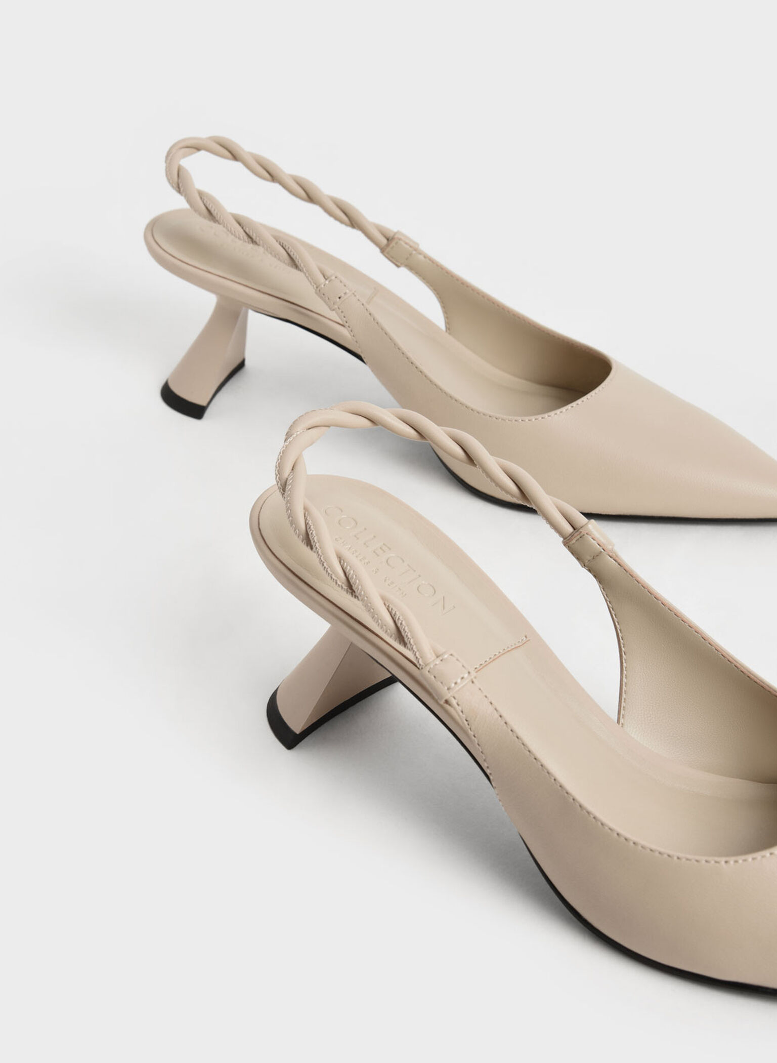 Leather Braided Slingback Pumps, Beige, hi-res