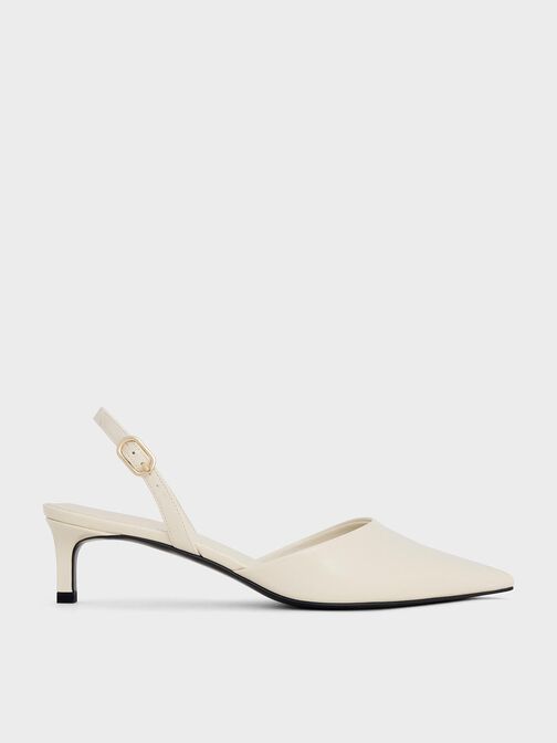 Patent Pointed-Toe Slingback Kitten Heels, Chalk, hi-res