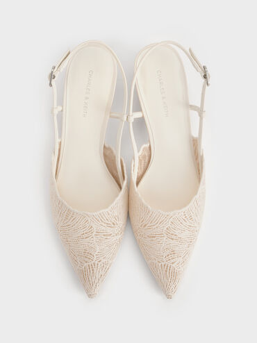 Crochet Floral Pointed-Toe Slingback Pumps, White, hi-res