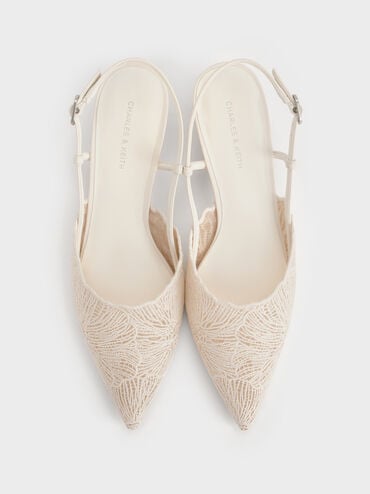 Crochet Floral Pointed-Toe Slingback Pumps, White, hi-res
