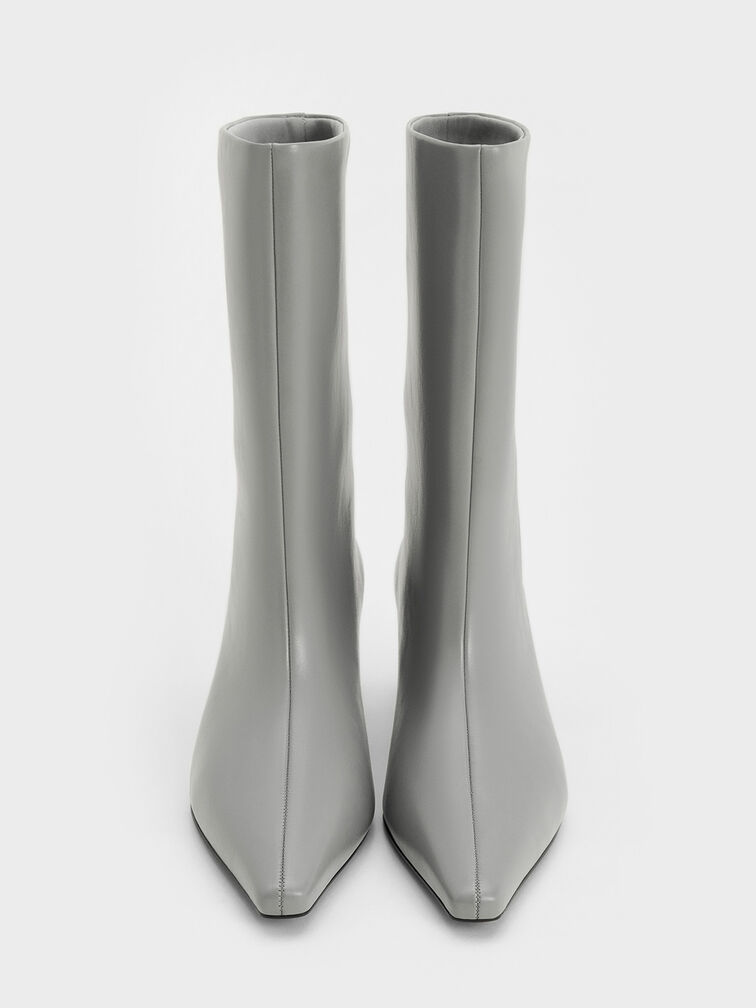 Elongated Tapered-Toe Kitten-Heel Calf Boots, Grey, hi-res