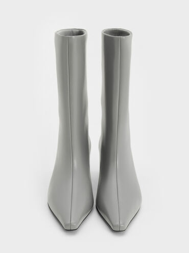 Elongated Tapered-Toe Kitten-Heel Calf Boots, Grey, hi-res