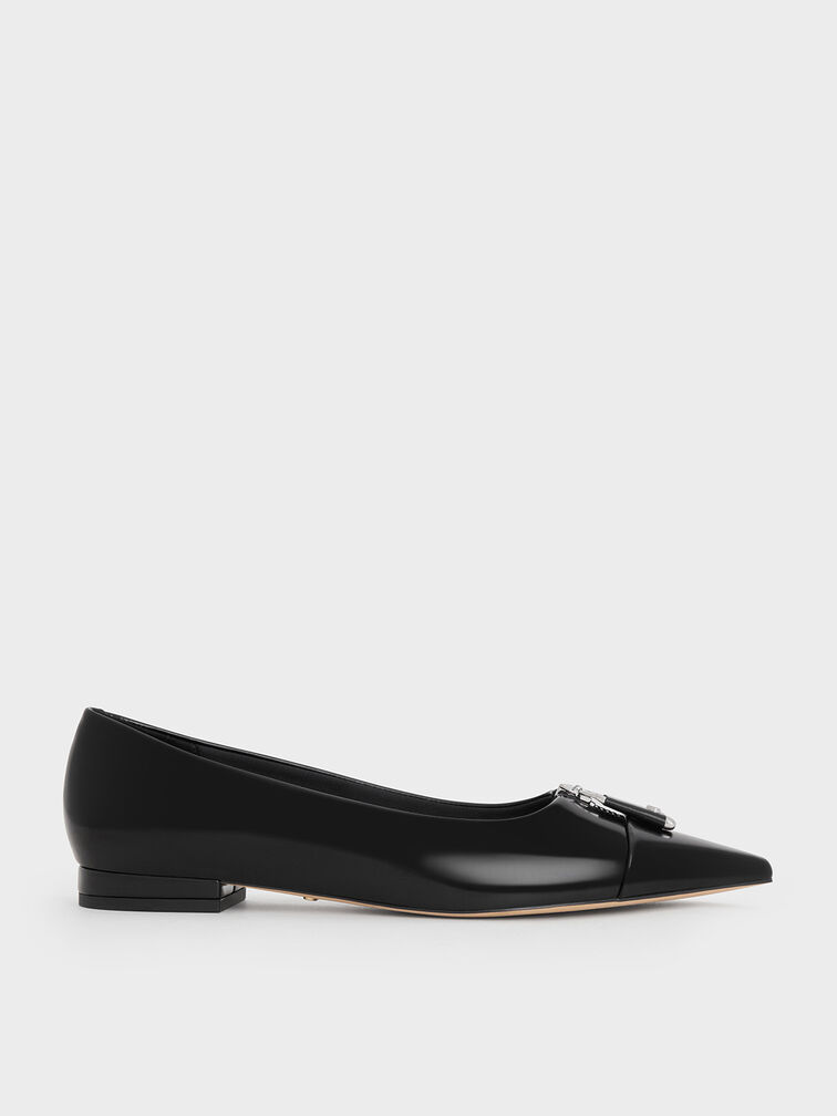 Nina Leather Pointed Cap-Toe Flats, Black Box, hi-res