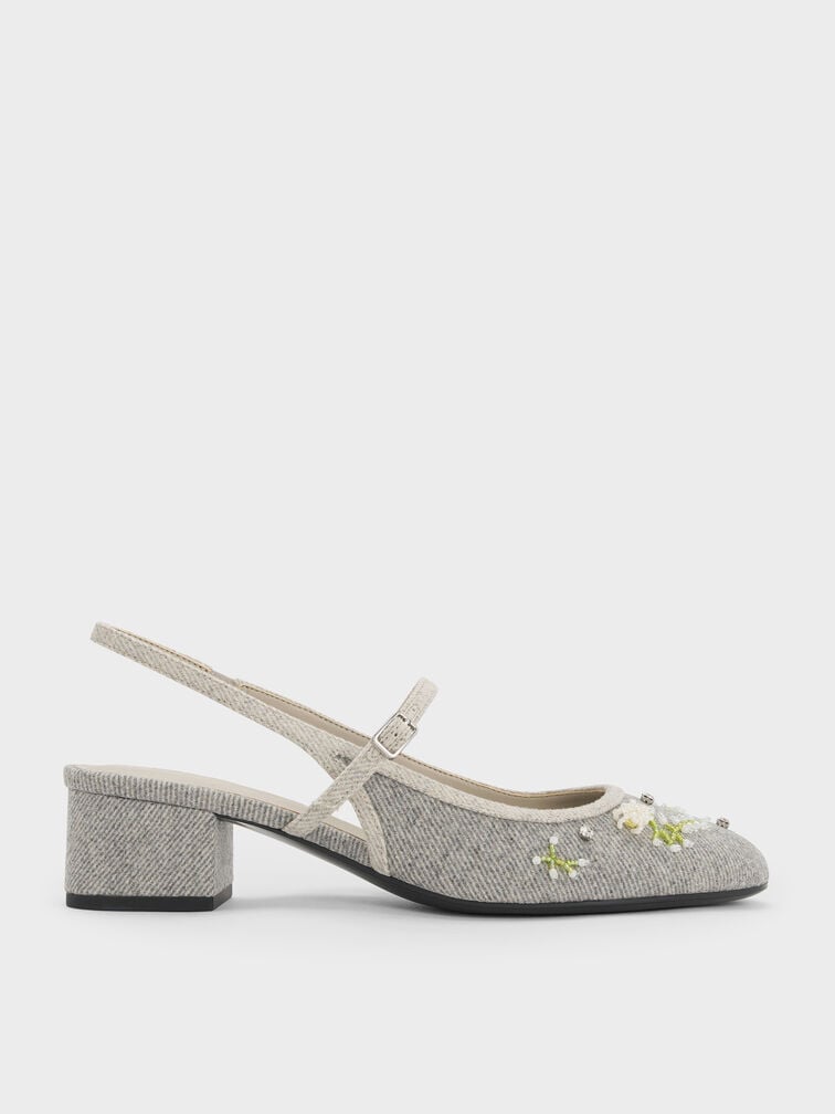 Twill Bead-Flower Block-Heel Slingback Mary Jane Pumps, Grey, hi-res