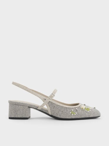 Twill Bead-Flower Block-Heel Slingback Mary Jane Pumps, Grey, hi-res
