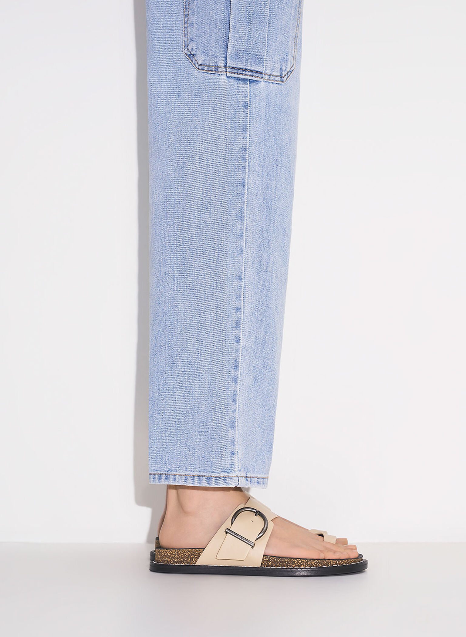 Metallic Buckle Toe-Ring Sandals, Sand, hi-res