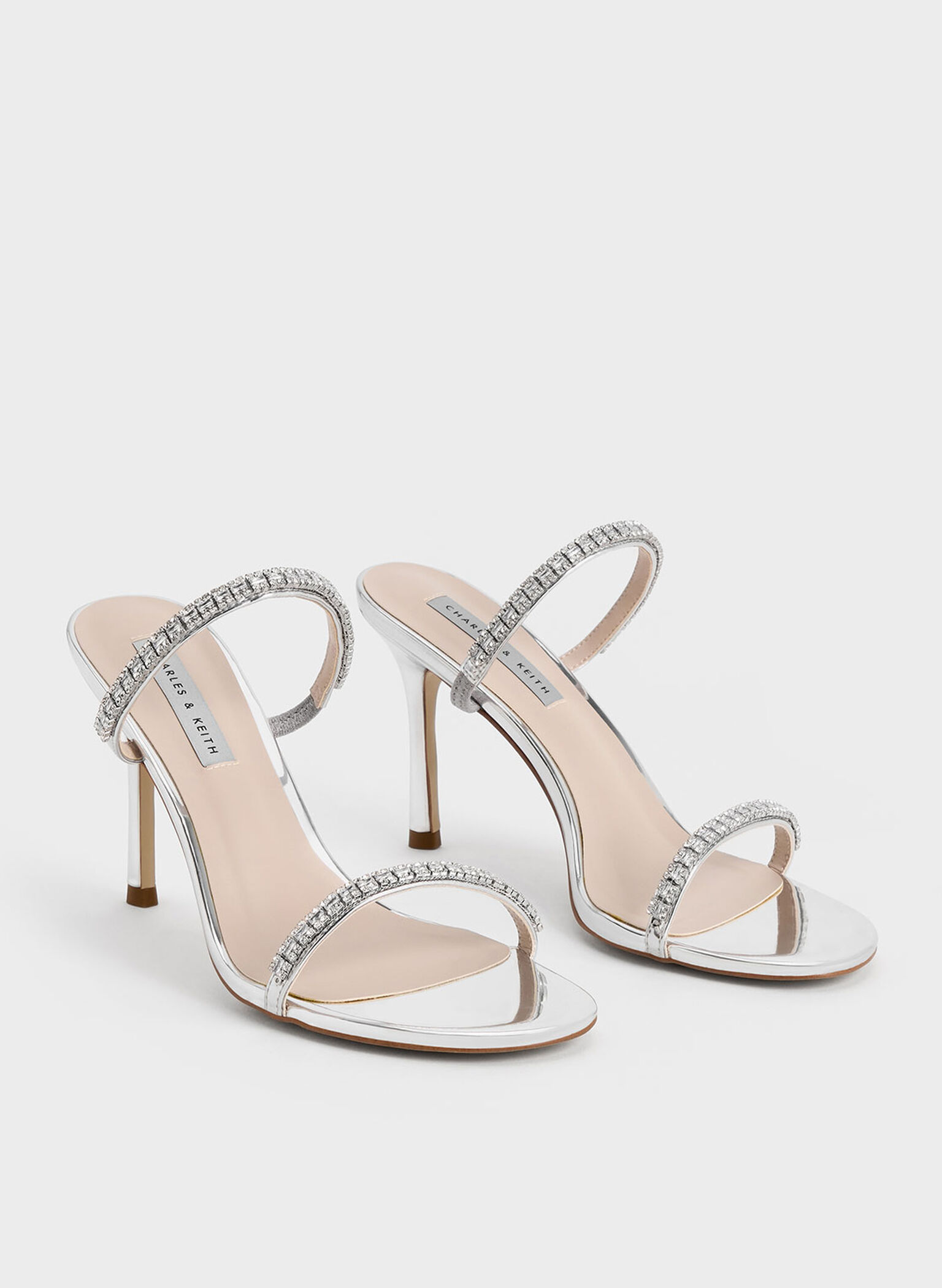 Ambrosia Metallic Gem-Embellished Heeled Mules, Silver, hi-res