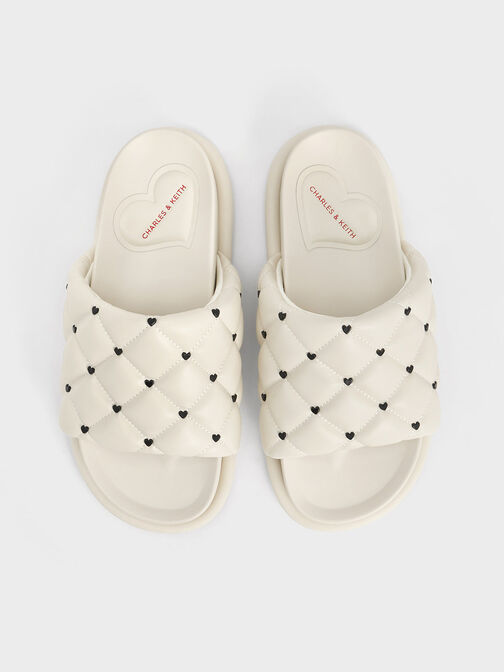 Dahlia Padded Quilted Heart-Print Sandals, Chalk, hi-res