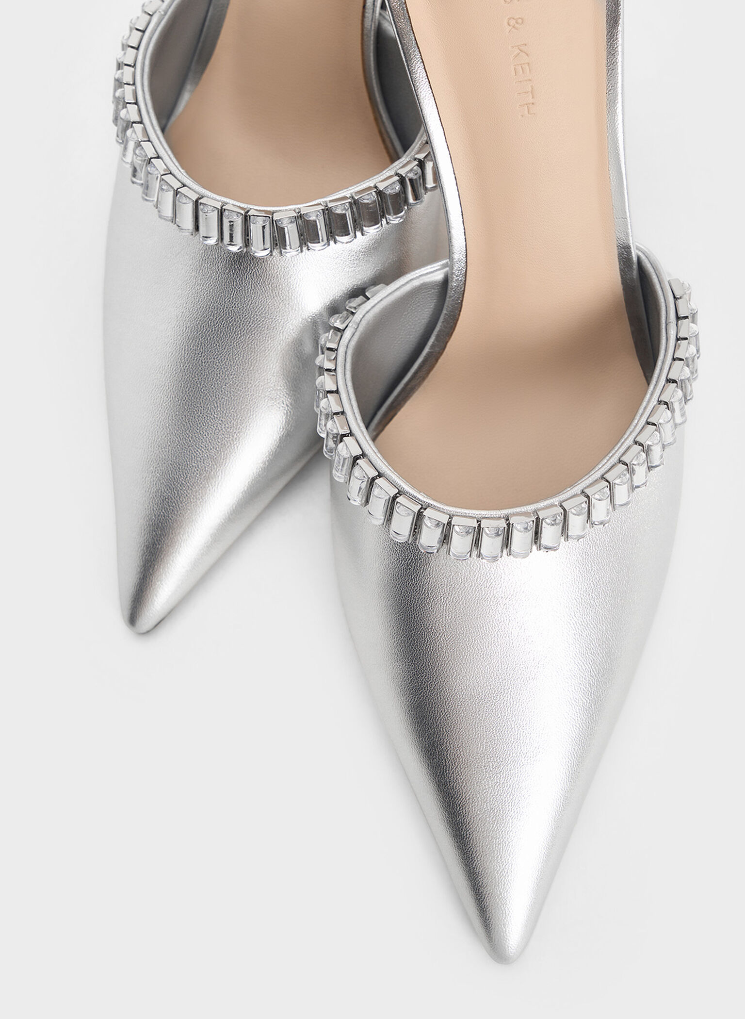 Metallic Crystal-Embellished Pointed-Toe Heeled Mules, Silver, hi-res