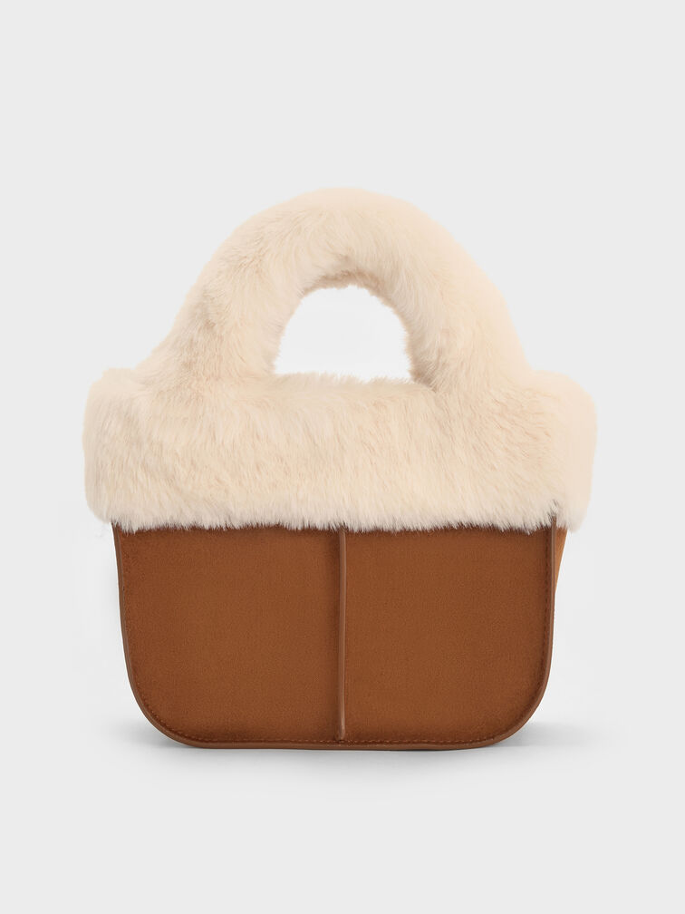 Girls' Wendy Faux Fur Tote Bag, Brown, hi-res