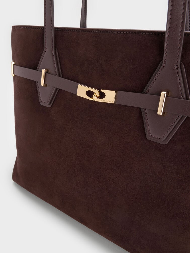 Arlet Recycled Suede Double-Handle Belted Tote Bag, Espresso Brown, hi-res