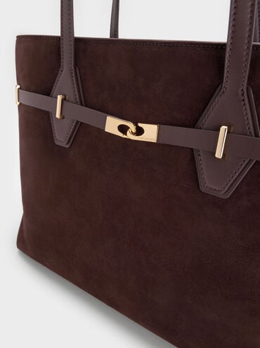 Arlet Recycled Suede Double-Handle Belted Tote Bag, Espresso Brown, hi-res