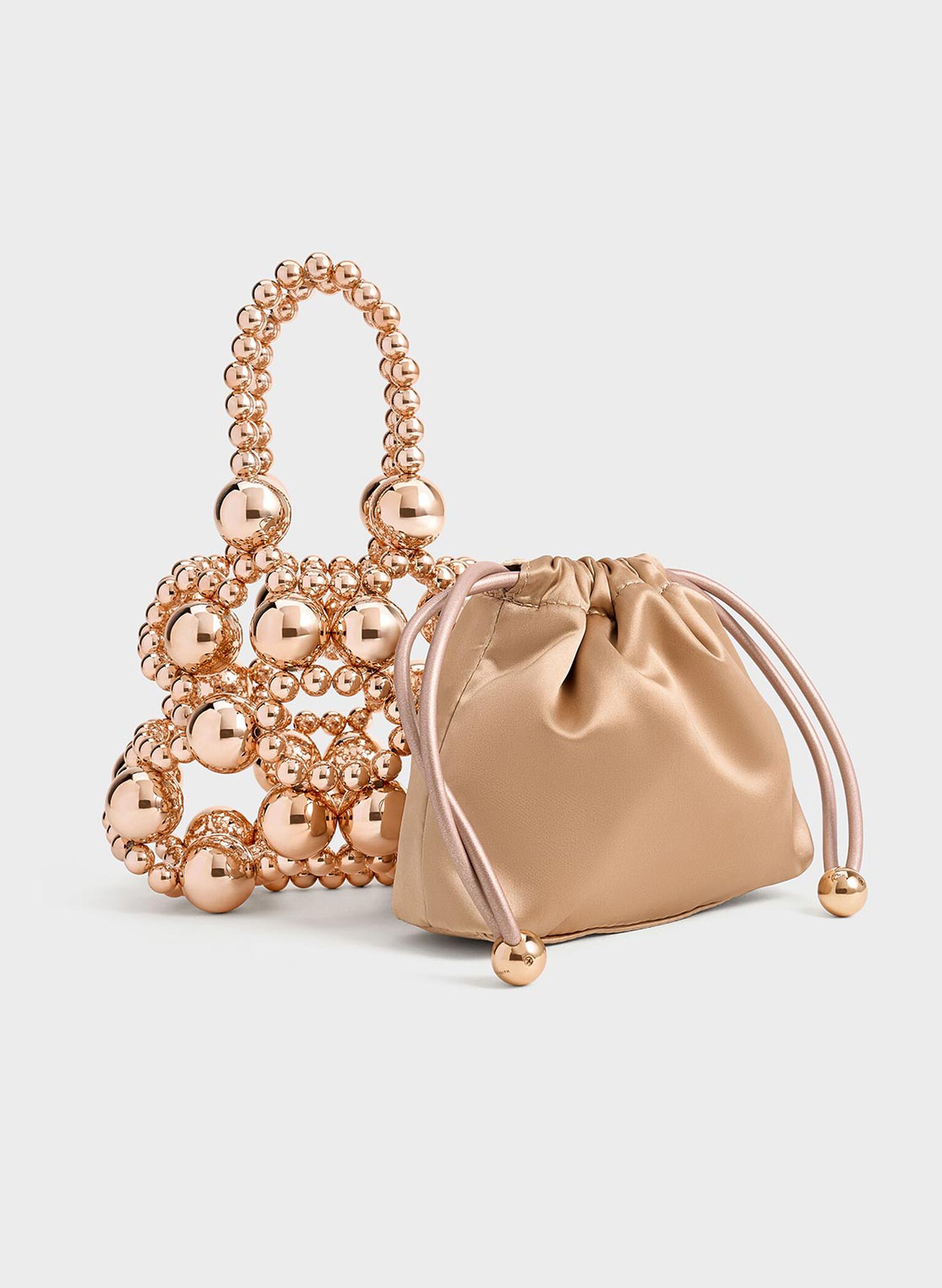Metallic Beaded Top Handle Bag, Rose Gold, hi-res