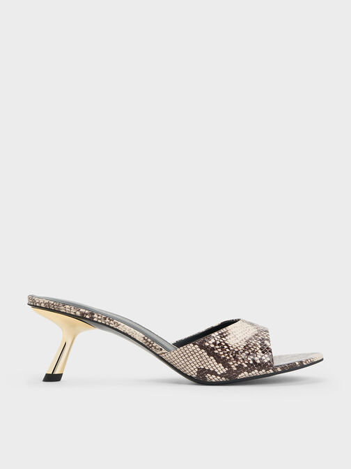 Snake-Print Slant Heel Mules, Animal Print Natural, hi-res