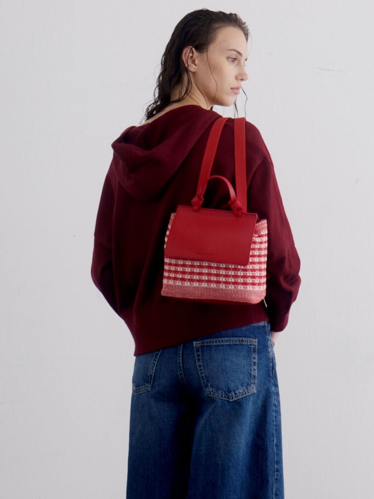 Girls' Ida Knitted Gingham Backpack, Gingham Red, hi-res
