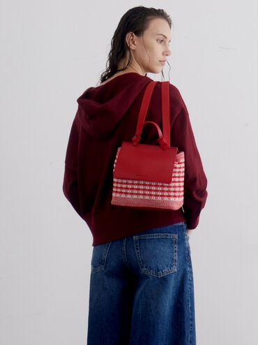 Girls' Ida Knitted Gingham Backpack, Gingham Red, hi-res