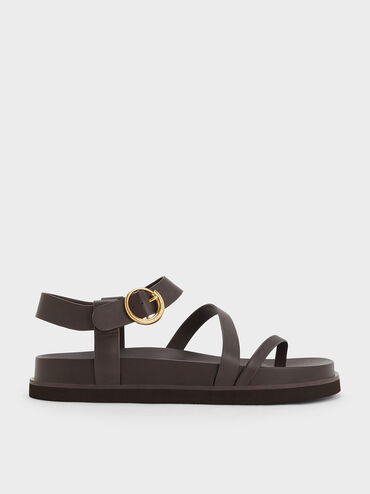 Buckled Ankle-Strap Strappy Sandals, Dark Brown, hi-res