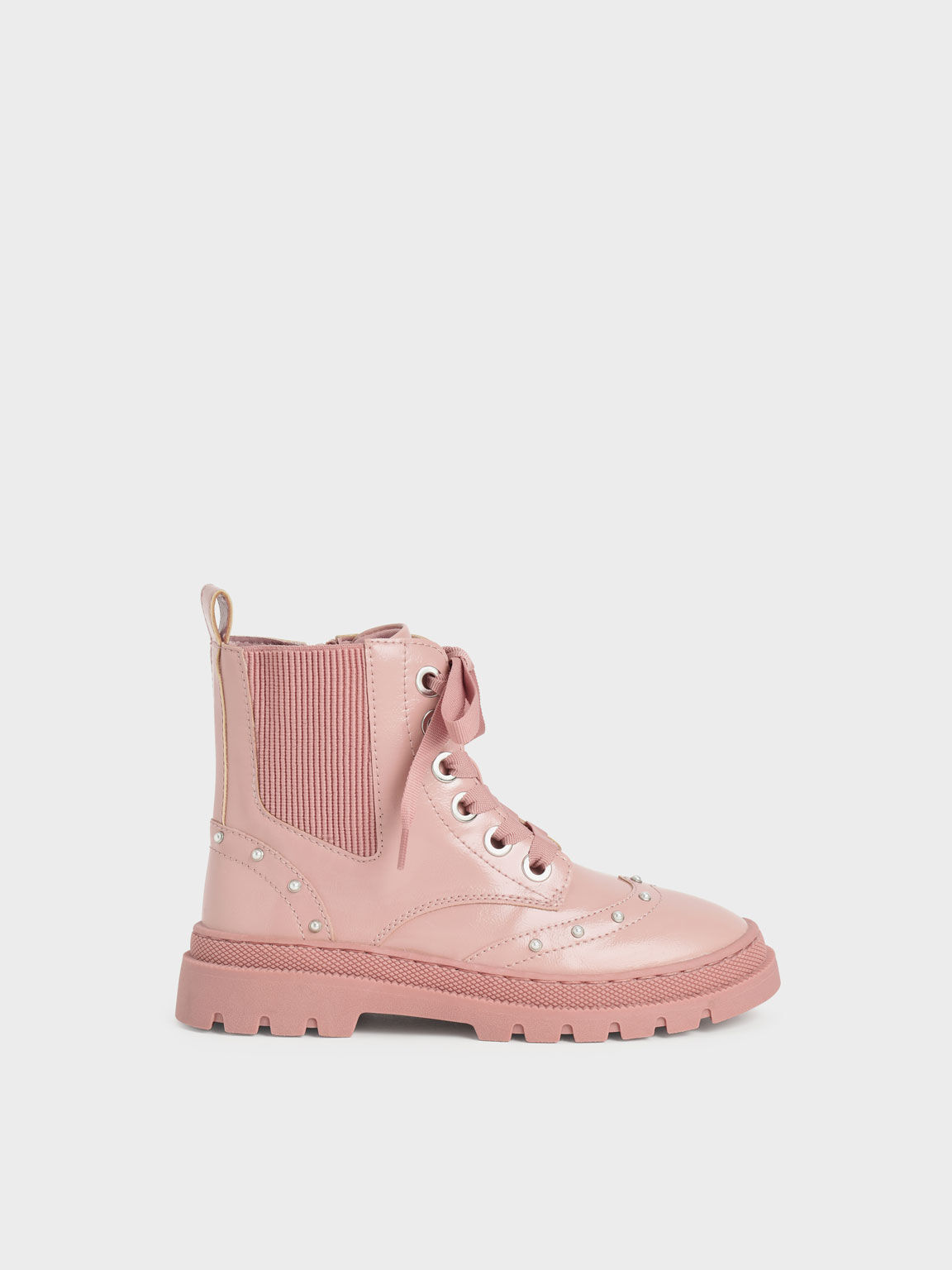 Girls' Patent Studded Lace-Up Ankle Boots, Pink, hi-res