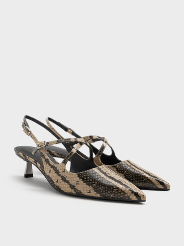 Pauline Snake-Print Crossover Slingback Kitten Heels, Animal Print Natural, hi-res
