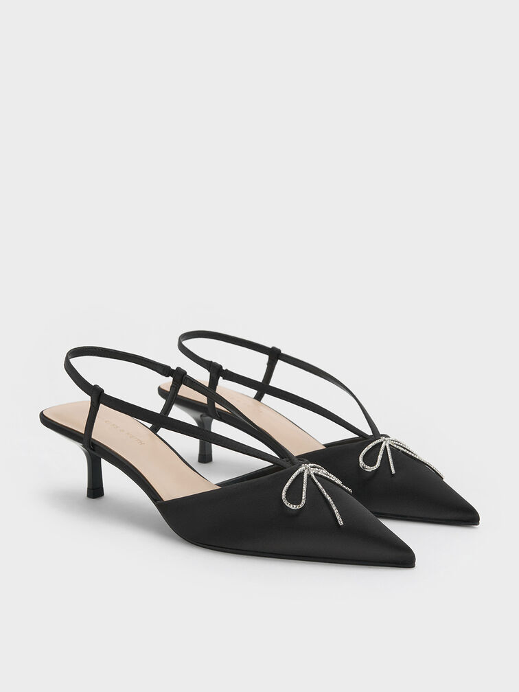 Recycled Polyester Crystal-Bow Kitten-Heel Slingback Pumps, Black Textured, hi-res