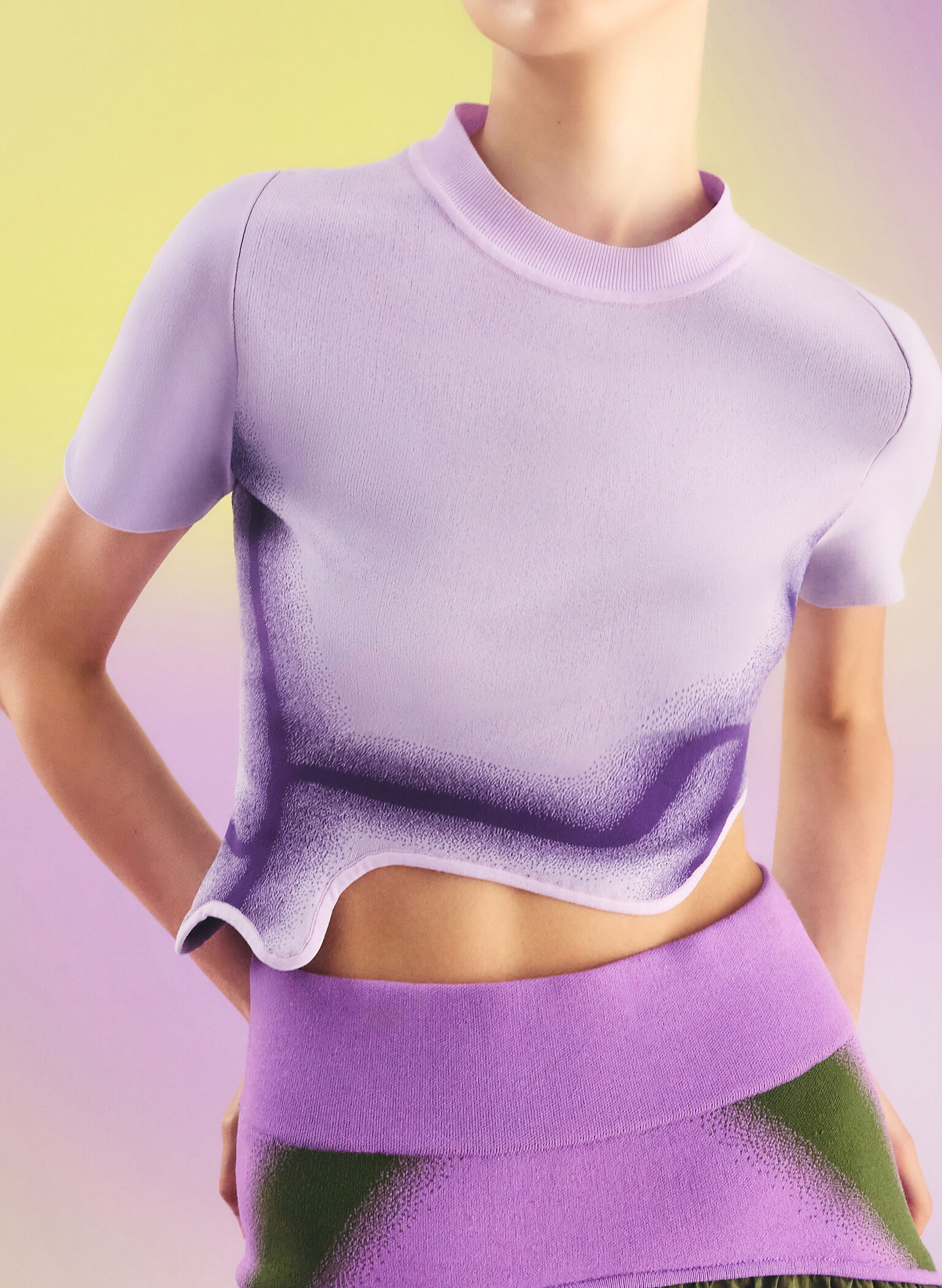 Recycled Polyester Knitted Gradient Wave-Hem Crop Top, Lilac, hi-res