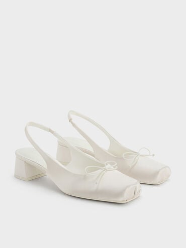 Satin Bow Square-Toe Slingback Pumps, Chalk, hi-res
