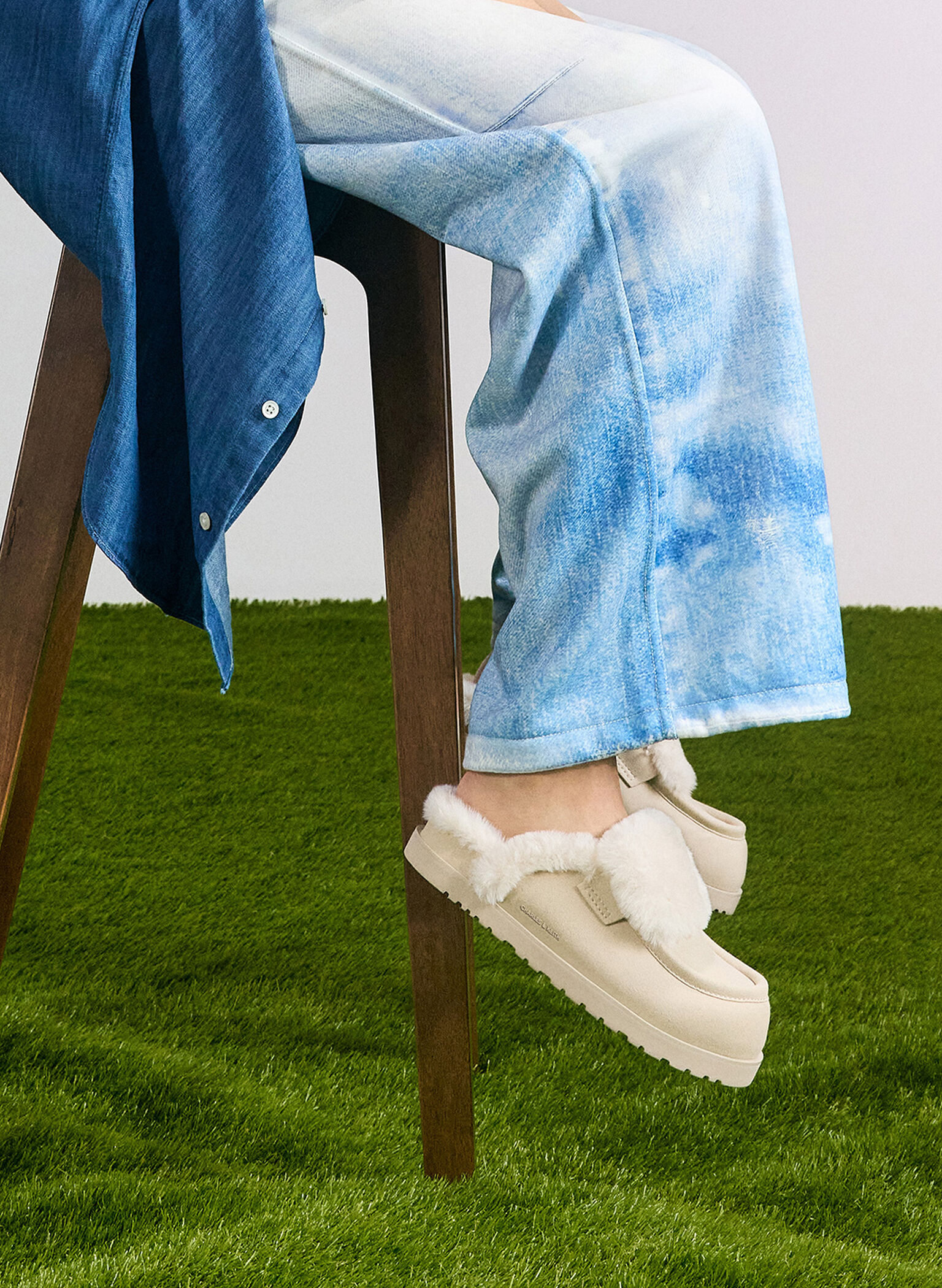 Textured Fur-Trim Flatform Mules, Beige, hi-res