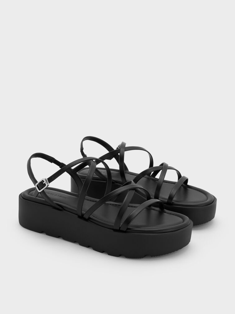 Strappy Ridged-Sole Flatform Sandals, Black, hi-res