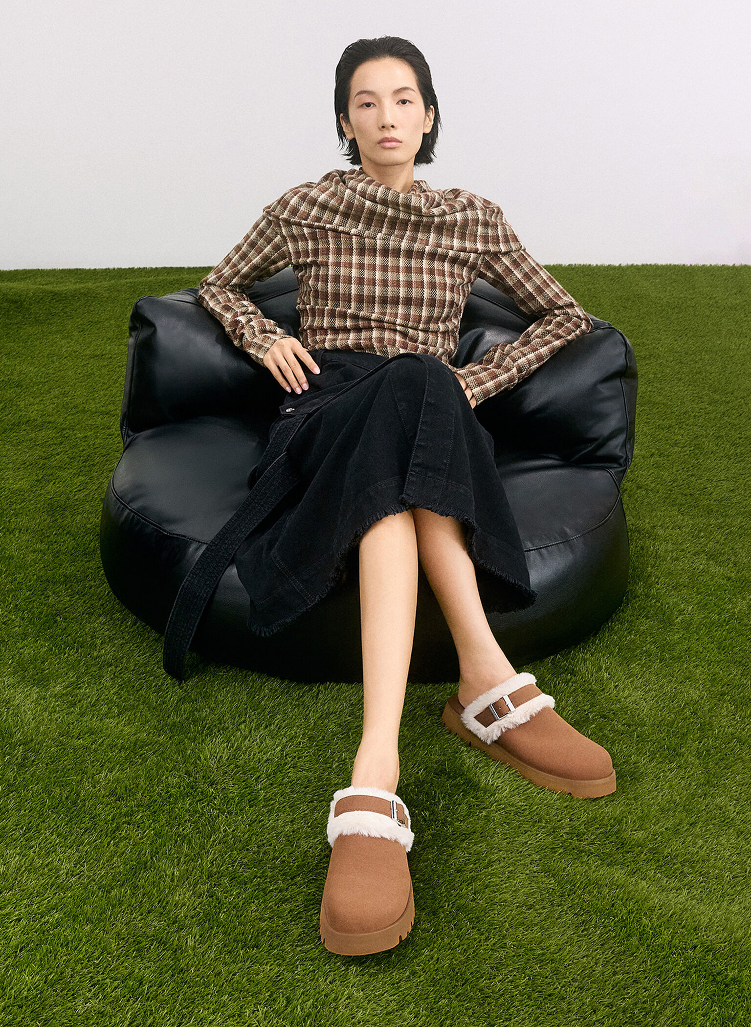 Hannah Textured Fur-Trim Buckled Mules, Brown, hi-res
