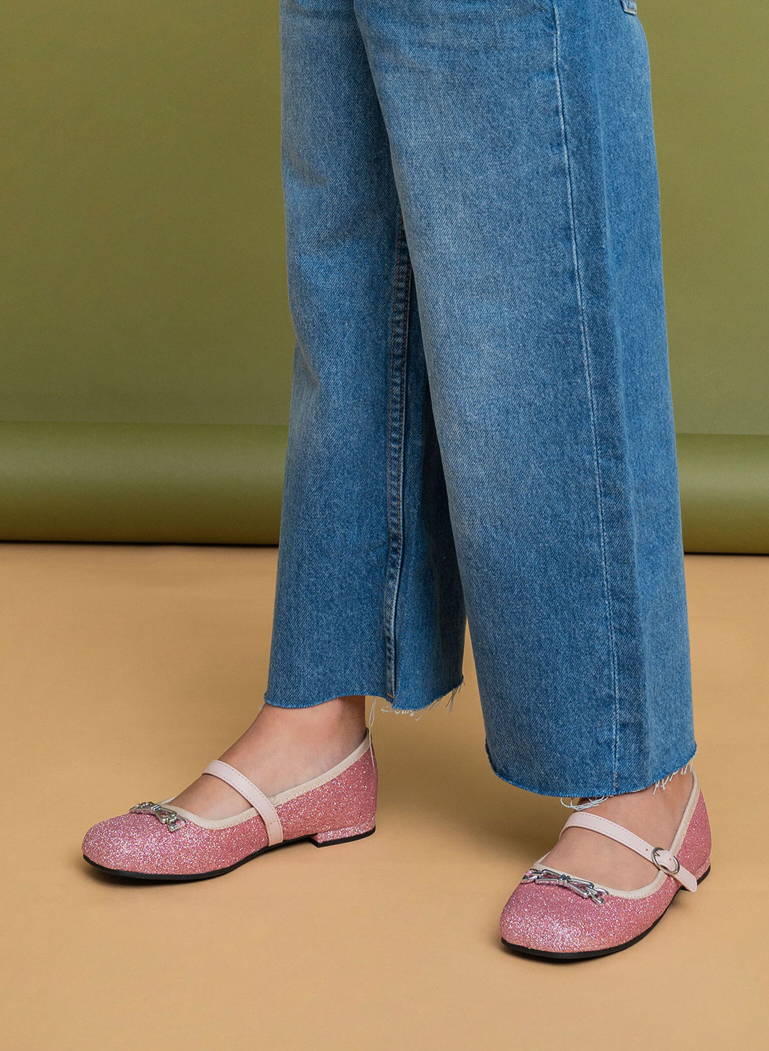 Girls' Metallic Accent Glittered Mary Janes, Pink, hi-res