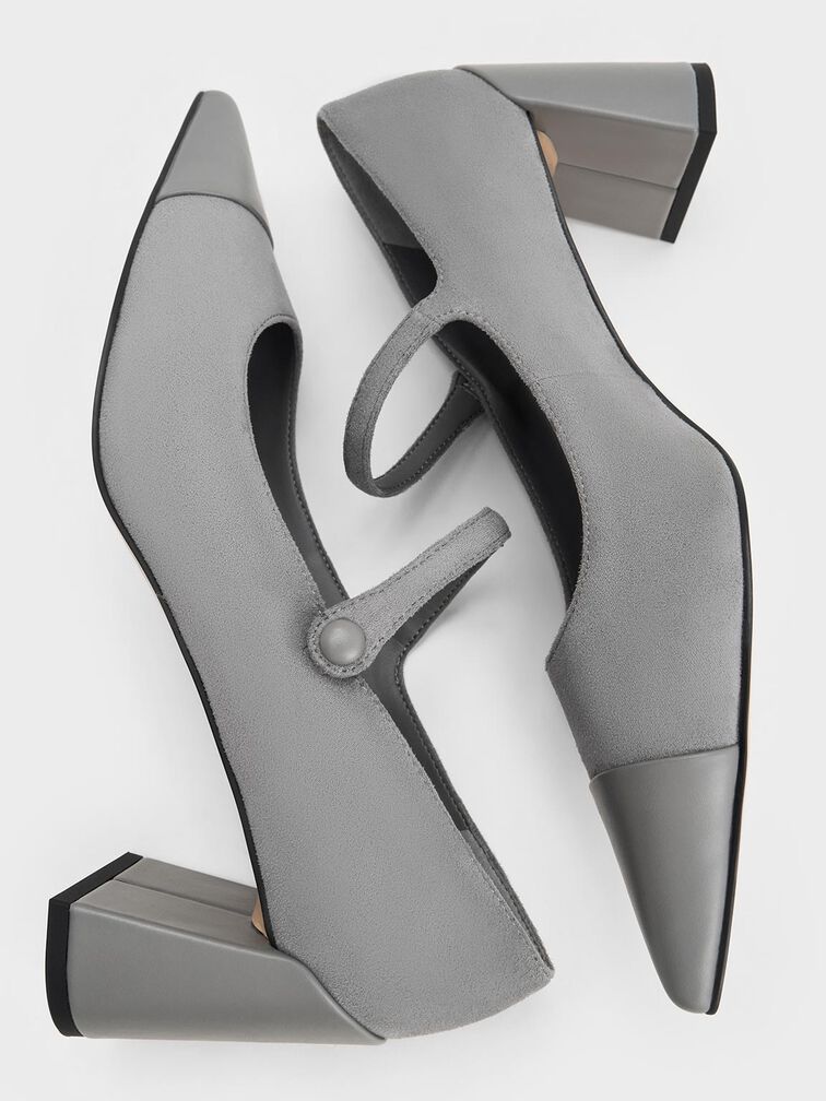 Faux Suede Cap-Toe Pointed Mary Jane Pumps, Grey, hi-res