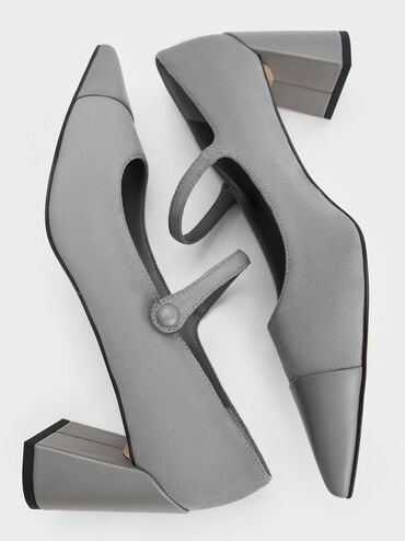 Faux Suede Cap-Toe Pointed Mary Jane Pumps, Grey, hi-res