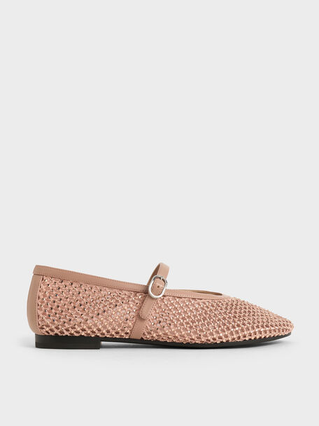 Maggie Mesh Crystal-Embellished Mary Janes, Nude, hi-res
