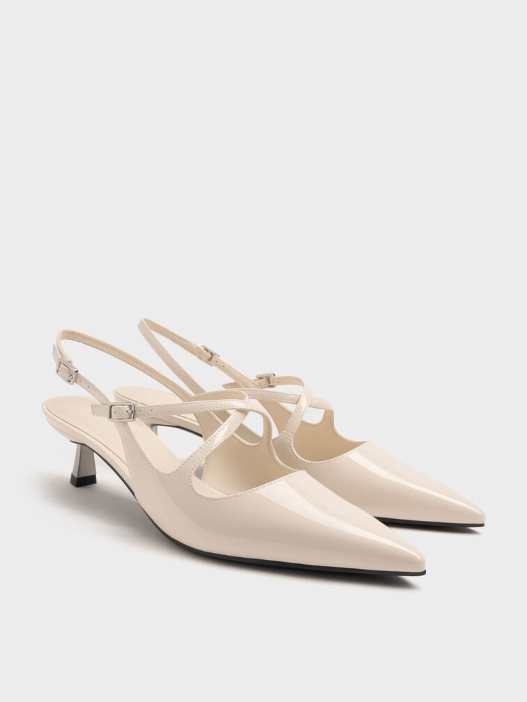 Pauline Patent Crossover Slingback Kitten Heels, Chalk, hi-res