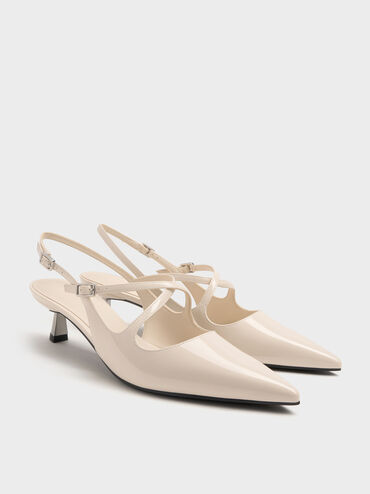 Pauline Patent Crossover Slingback Kitten Heels, Chalk, hi-res