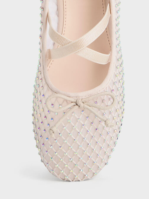 Girls' Mesh Crystal-Embellished Crossover-Strap Ballet Flats, Cream, hi-res