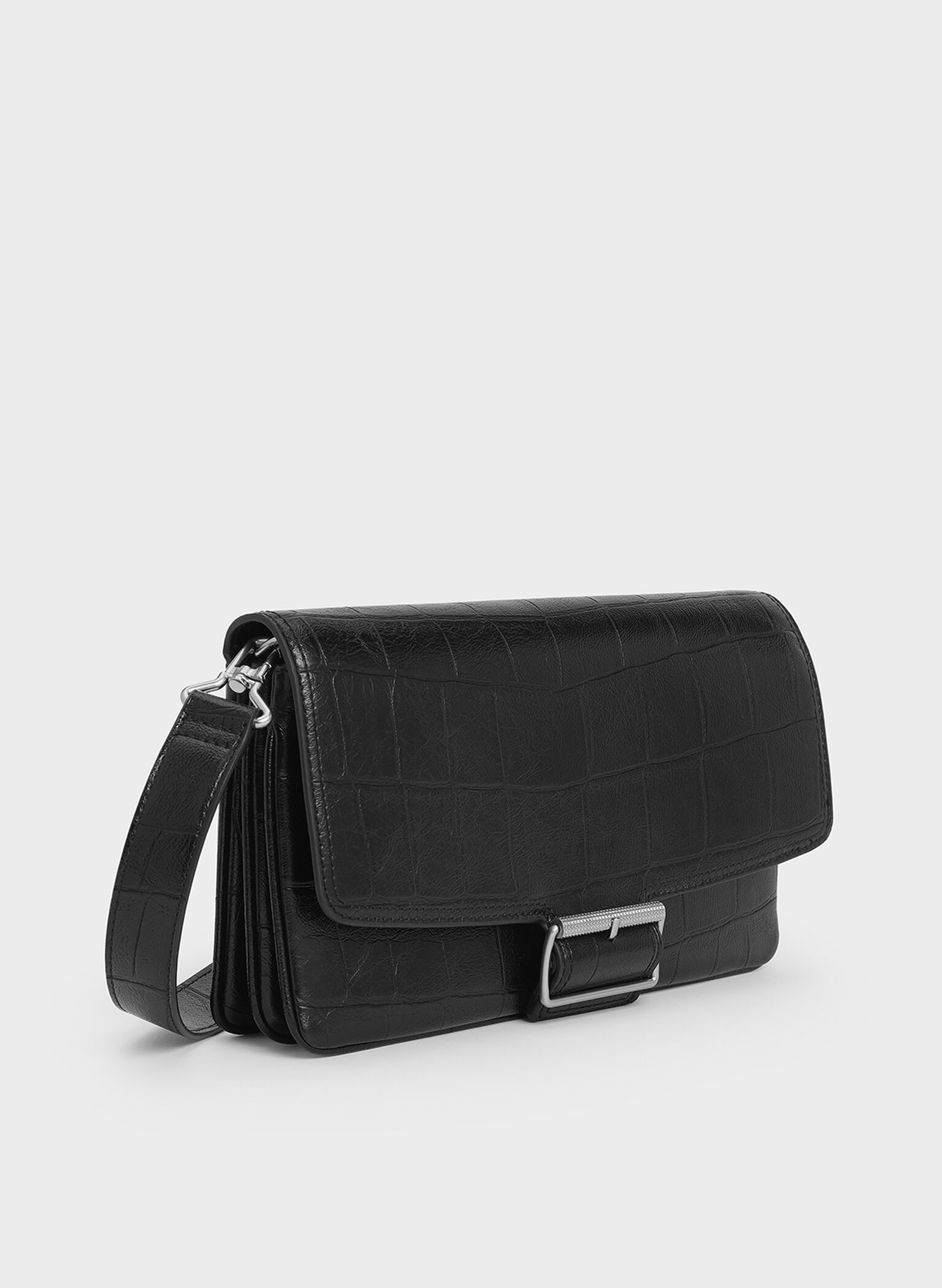 Liv Croc-Effect Grommet Chain-Handle Shoulder Bag, Noir, hi-res