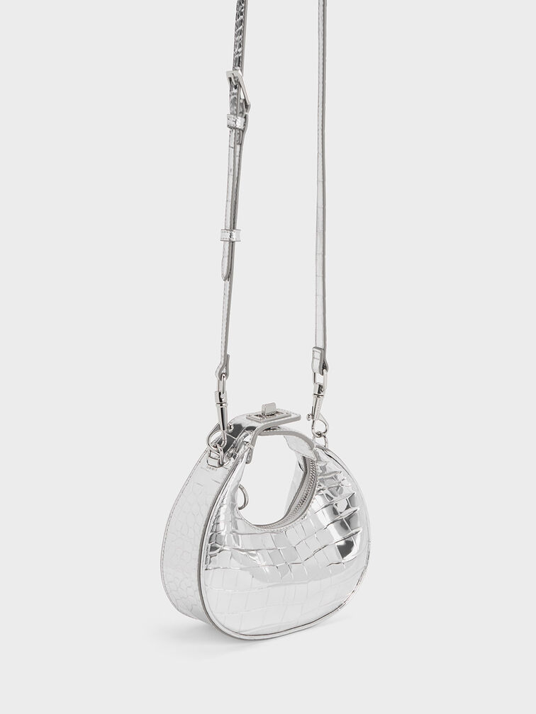 Mini Croc-Effect Metallic Moon Bag, Silver, hi-res