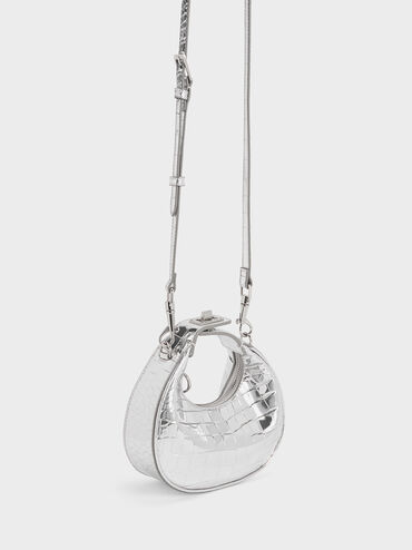 Mini Croc-Effect Metallic Moon Bag, Silver, hi-res