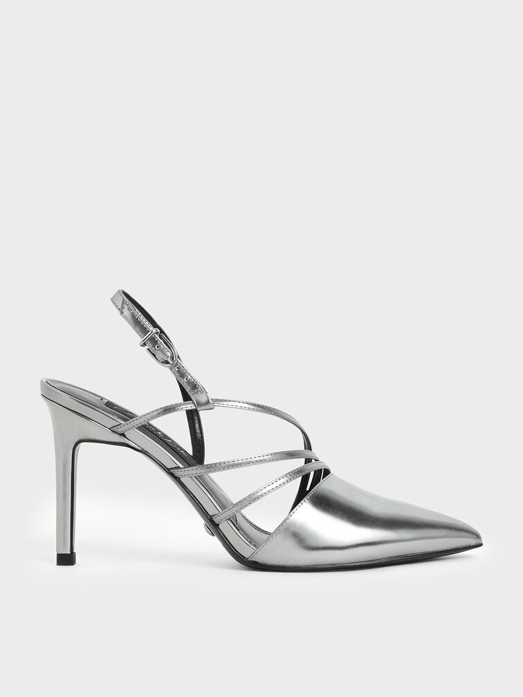 Metallic Leather Strappy Slingback Heels, Silver, hi-res