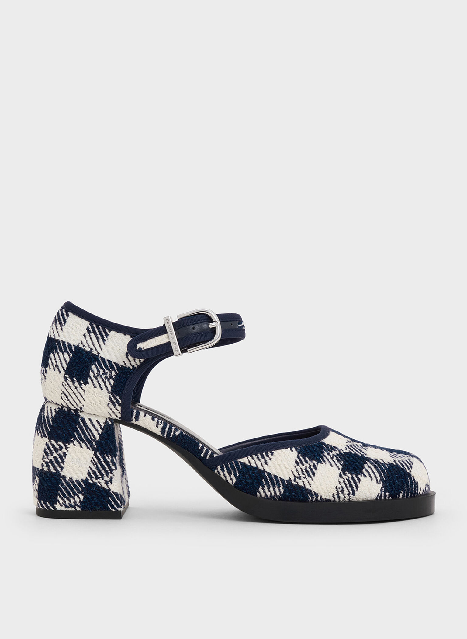 Checkered Block-Heel Ankle-Strap D'Orsay Pumps, Dark Blue, hi-res